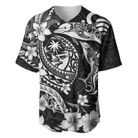 Guam Dolphins Tribal Tattoo Baseball Jersey Polynesian Art and Tropical Flower Grayscale