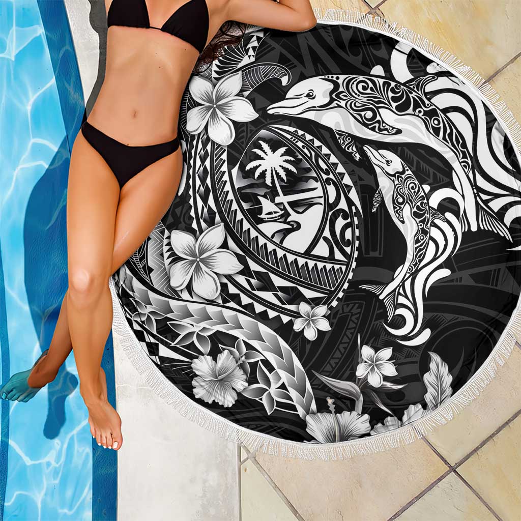 Guam Dolphins Tribal Tattoo Beach Blanket Polynesian Art and Tropical Flower Grayscale