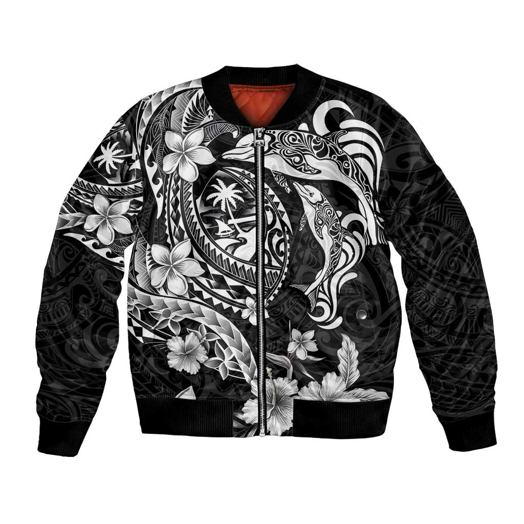 Guam Dolphins Tribal Tattoo Bomber Jacket Polynesian Art and Tropical Flower Grayscale