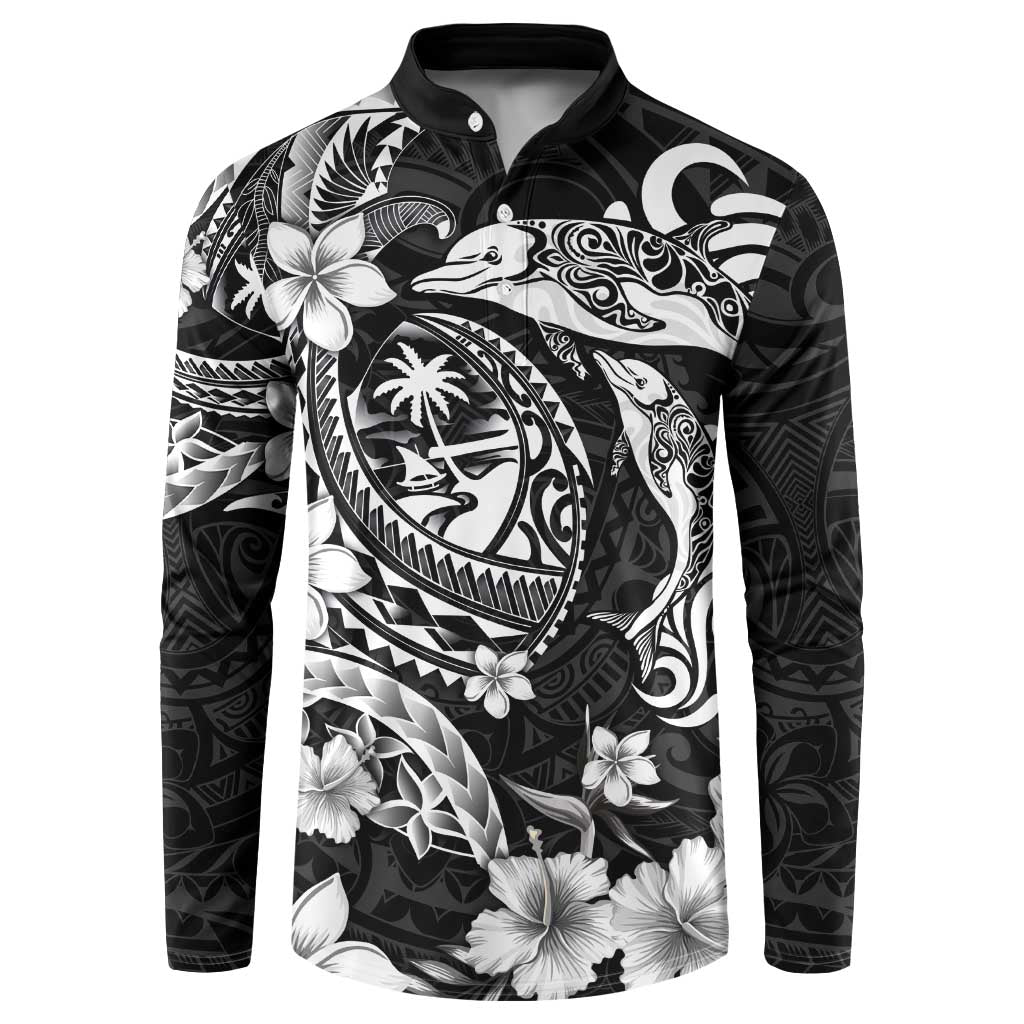 Guam Dolphins Tribal Tattoo Button Sweatshirt Polynesian Art and Tropical Flower Grayscale