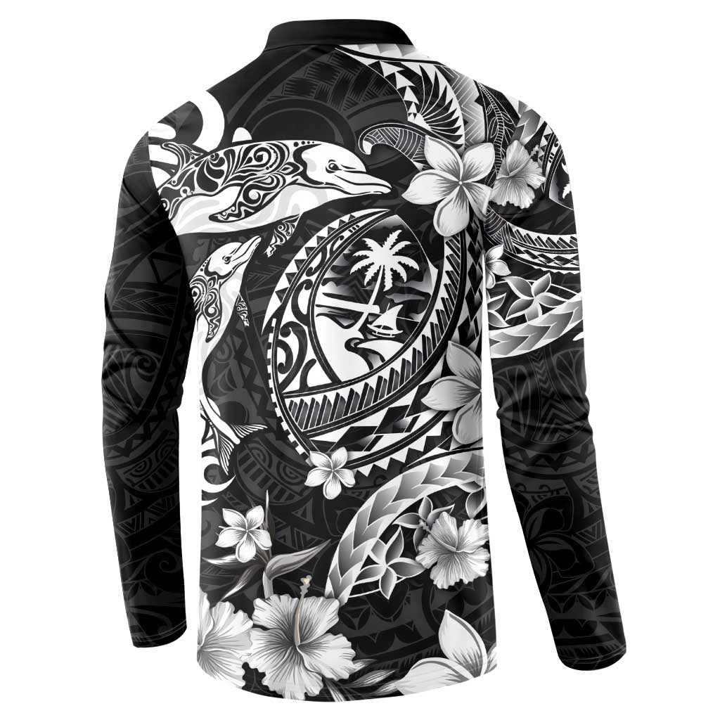 Guam Dolphins Tribal Tattoo Button Sweatshirt Polynesian Art and Tropical Flower Grayscale