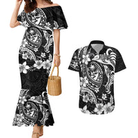 Guam Dolphins Tribal Tattoo Couples Matching Mermaid Dress and Hawaiian Shirt Polynesian Art and Tropical Flower Grayscale