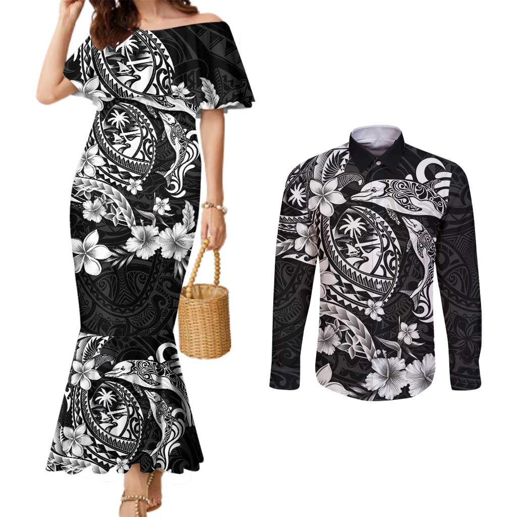 Guam Dolphins Tribal Tattoo Couples Matching Mermaid Dress and Long Sleeve Button Shirt Polynesian Art and Tropical Flower Grayscale