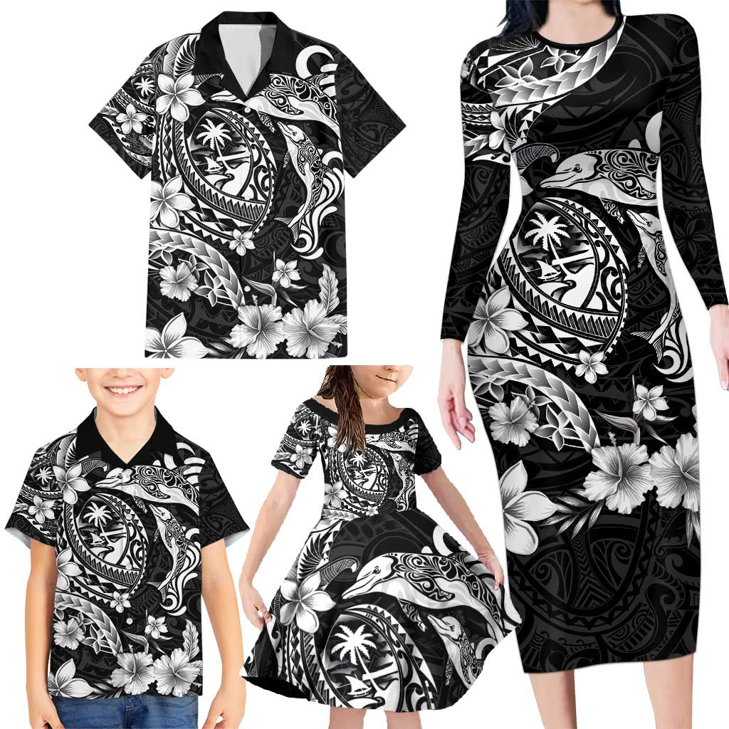 Guam Dolphins Tribal Tattoo Family Matching Long Sleeve Bodycon Dress and Hawaiian Shirt Polynesian Art and Tropical Flower Grayscale