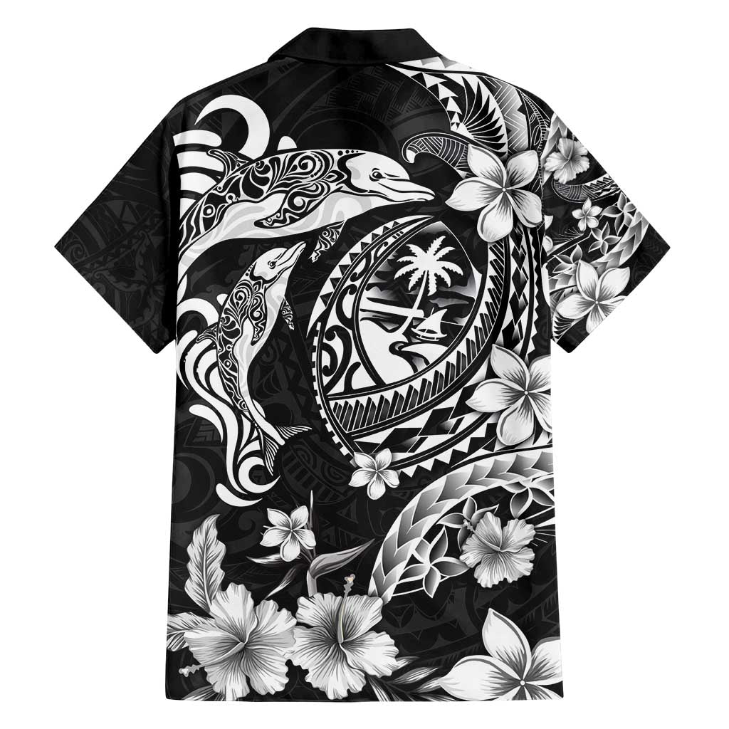 Guam Dolphins Tribal Tattoo Family Matching Long Sleeve Bodycon Dress and Hawaiian Shirt Polynesian Art and Tropical Flower Grayscale