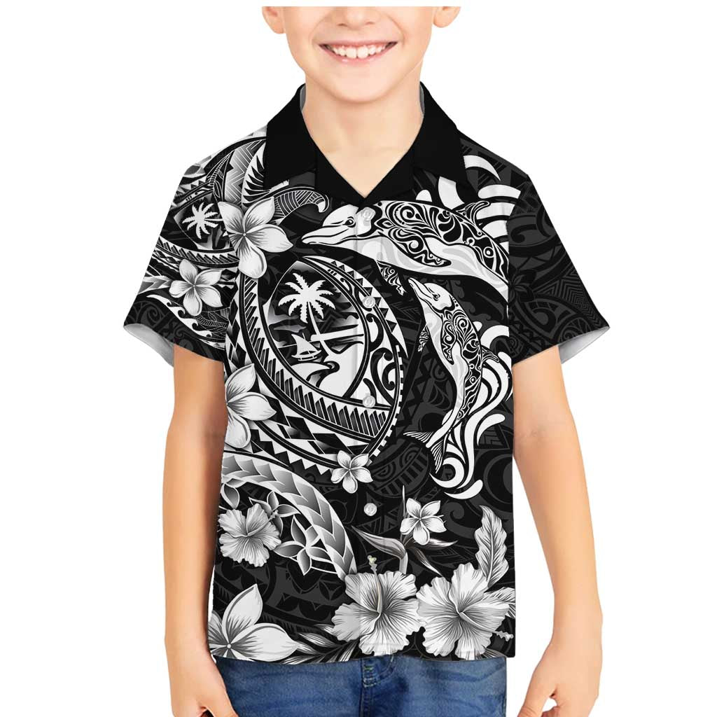 Guam Dolphins Tribal Tattoo Family Matching Mermaid Dress and Hawaiian Shirt Polynesian Art and Tropical Flower Grayscale