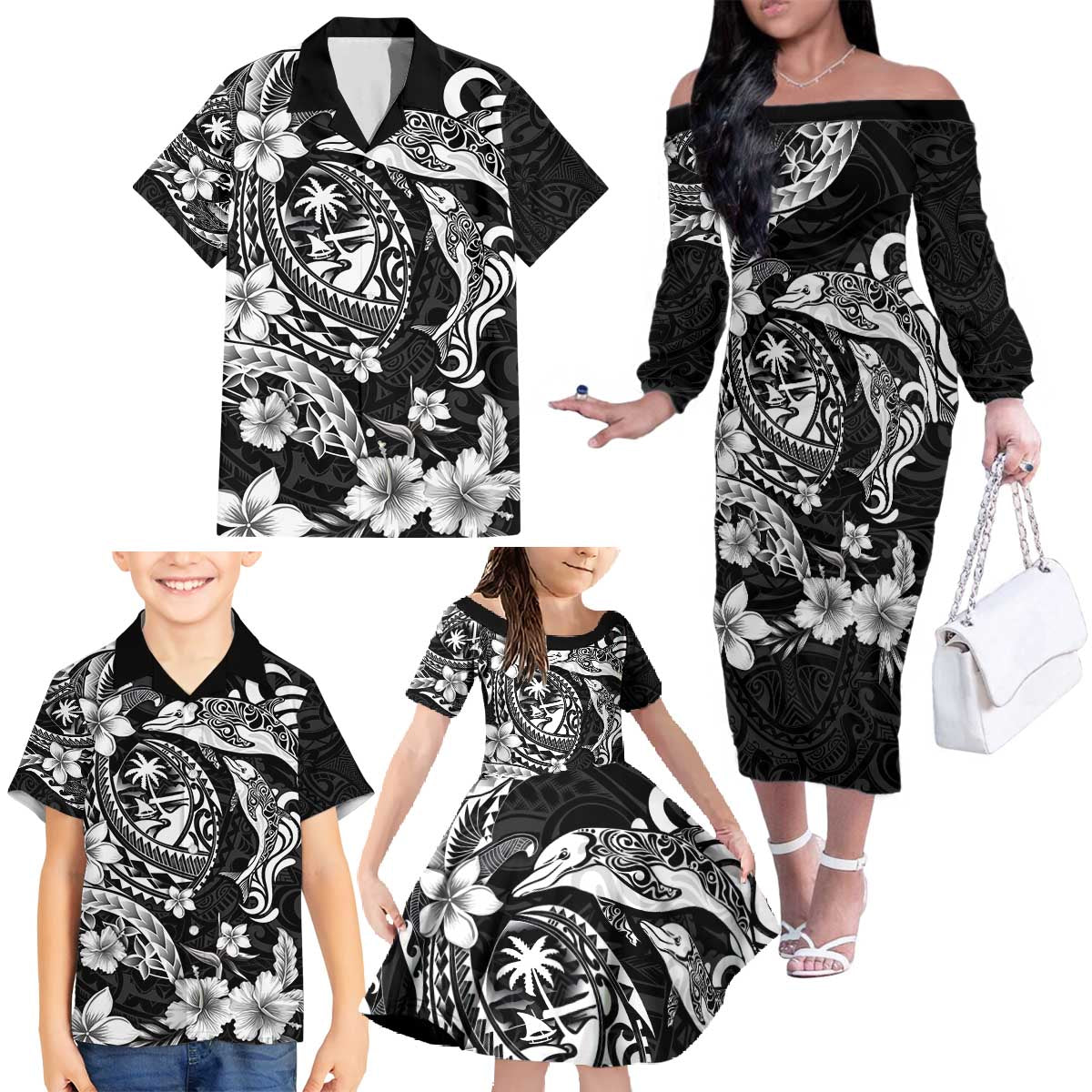 Guam Dolphins Tribal Tattoo Family Matching Off The Shoulder Long Sleeve Dress and Hawaiian Shirt Polynesian Art and Tropical Flower Grayscale