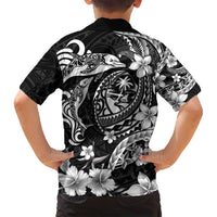 Guam Dolphins Tribal Tattoo Family Matching Off Shoulder Maxi Dress and Hawaiian Shirt Polynesian Art and Tropical Flower Grayscale LT03 - Polynesian Pride