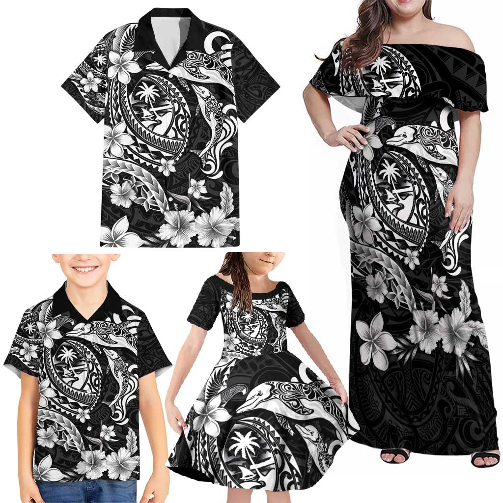 Guam Dolphins Tribal Tattoo Family Matching Off Shoulder Maxi Dress and Hawaiian Shirt Polynesian Art and Tropical Flower Grayscale