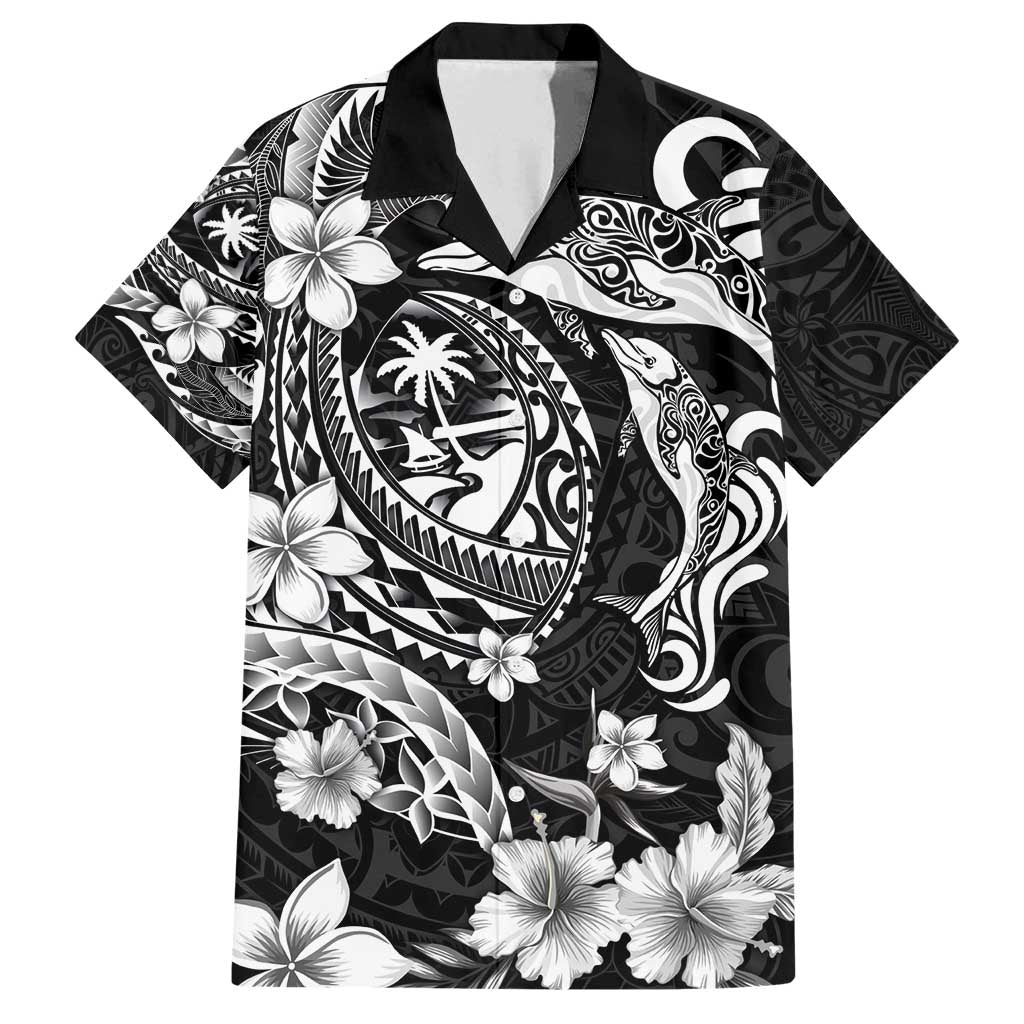 Guam Dolphins Tribal Tattoo Family Matching Off Shoulder Maxi Dress and Hawaiian Shirt Polynesian Art and Tropical Flower Grayscale LT03 Dad's Shirt - Short Sleeve Black - Polynesian Pride