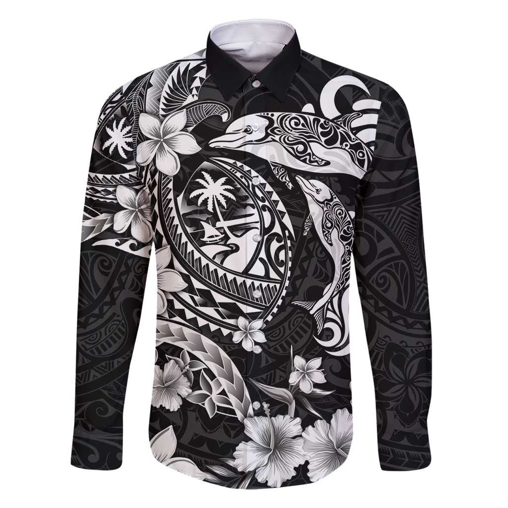Guam Dolphins Tribal Tattoo Family Matching Off Shoulder Maxi Dress and Hawaiian Shirt Polynesian Art and Tropical Flower Grayscale LT03 Dad's Shirt - Long Sleeve Black - Polynesian Pride