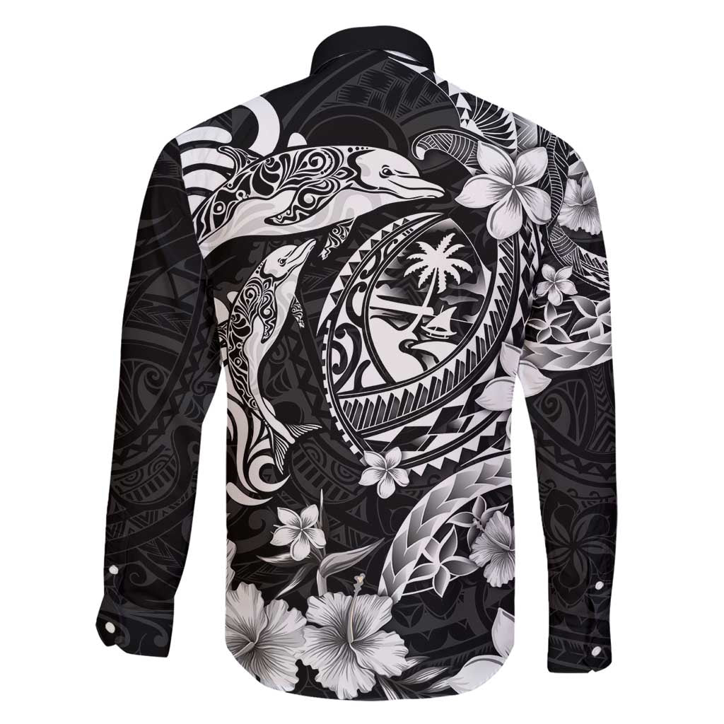 Guam Dolphins Tribal Tattoo Family Matching Off Shoulder Maxi Dress and Hawaiian Shirt Polynesian Art and Tropical Flower Grayscale LT03 - Polynesian Pride