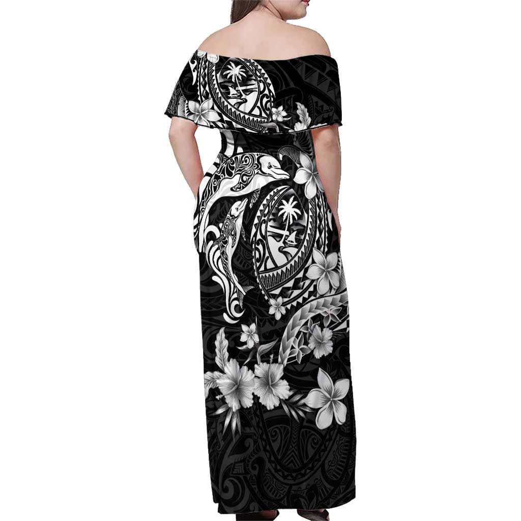 Guam Dolphins Tribal Tattoo Family Matching Off Shoulder Maxi Dress and Hawaiian Shirt Polynesian Art and Tropical Flower Grayscale LT03 - Polynesian Pride