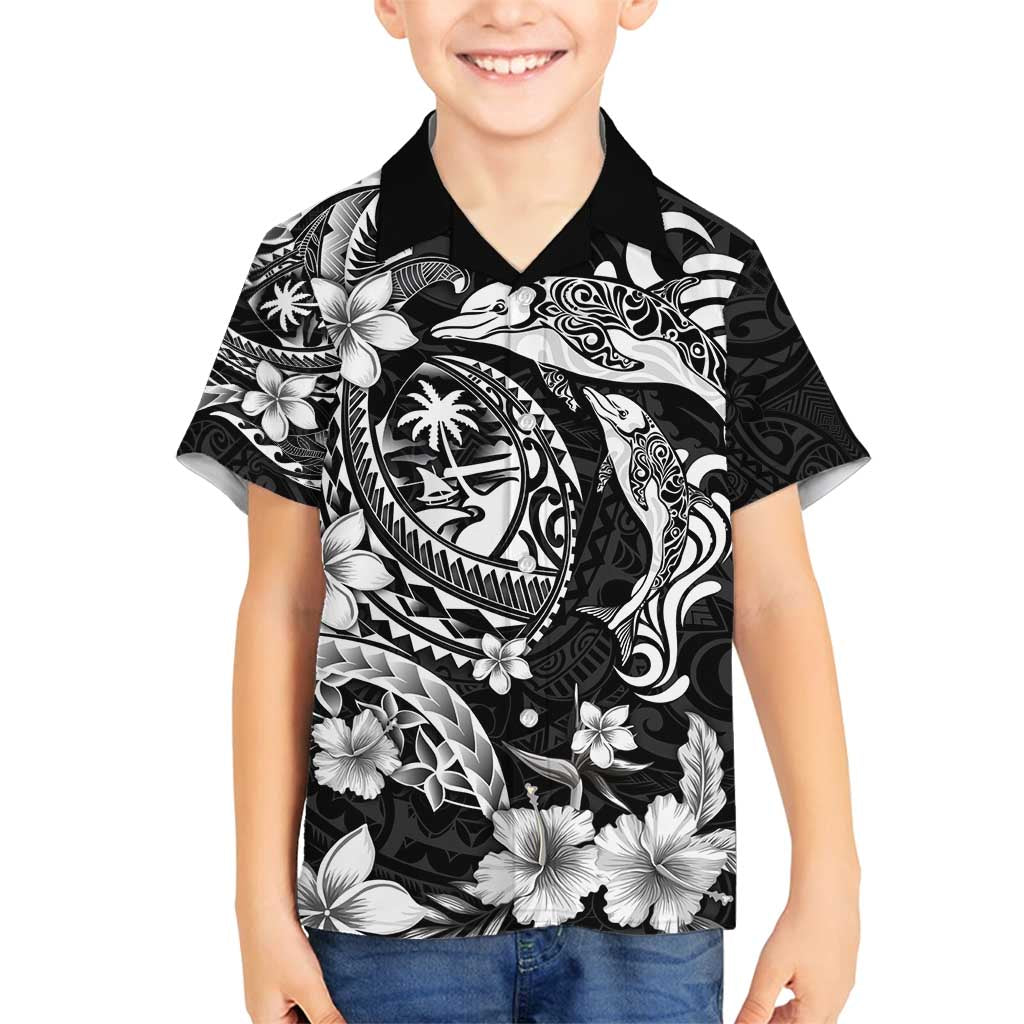 Guam Dolphins Tribal Tattoo Family Matching Off Shoulder Maxi Dress and Hawaiian Shirt Polynesian Art and Tropical Flower Grayscale LT03 Son's Shirt Black - Polynesian Pride