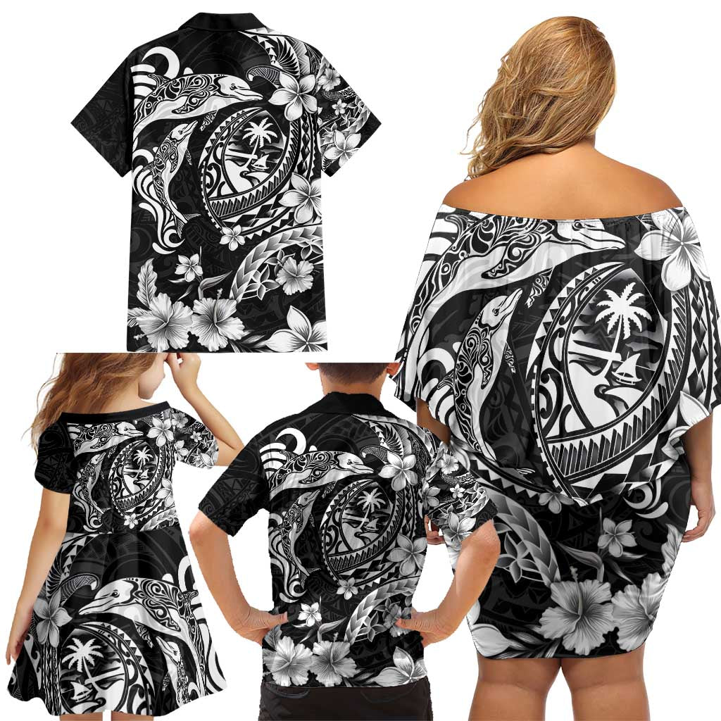 Guam Dolphins Tribal Tattoo Family Matching Off Shoulder Short Dress and Hawaiian Shirt Polynesian Art and Tropical Flower Grayscale