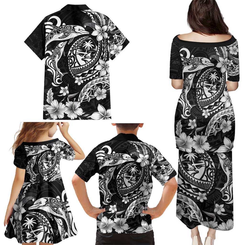 Guam Dolphins Tribal Tattoo Family Matching Puletasi and Hawaiian Shirt Polynesian Art and Tropical Flower Grayscale