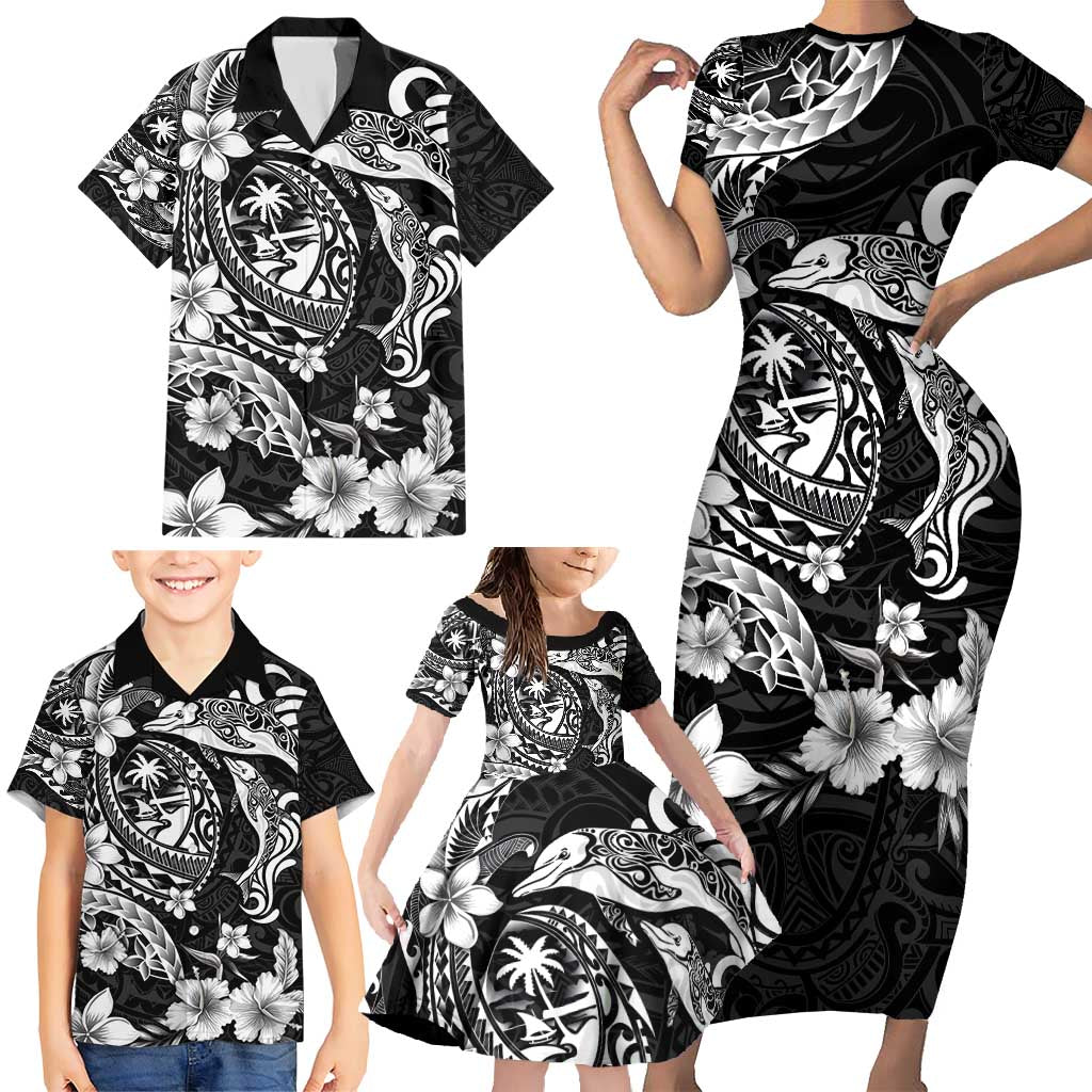 Guam Dolphins Tribal Tattoo Family Matching Short Sleeve Bodycon Dress and Hawaiian Shirt Polynesian Art and Tropical Flower Grayscale