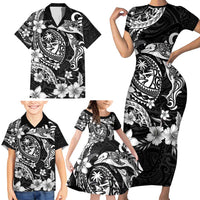 Guam Dolphins Tribal Tattoo Family Matching Short Sleeve Bodycon Dress and Hawaiian Shirt Polynesian Art and Tropical Flower Grayscale