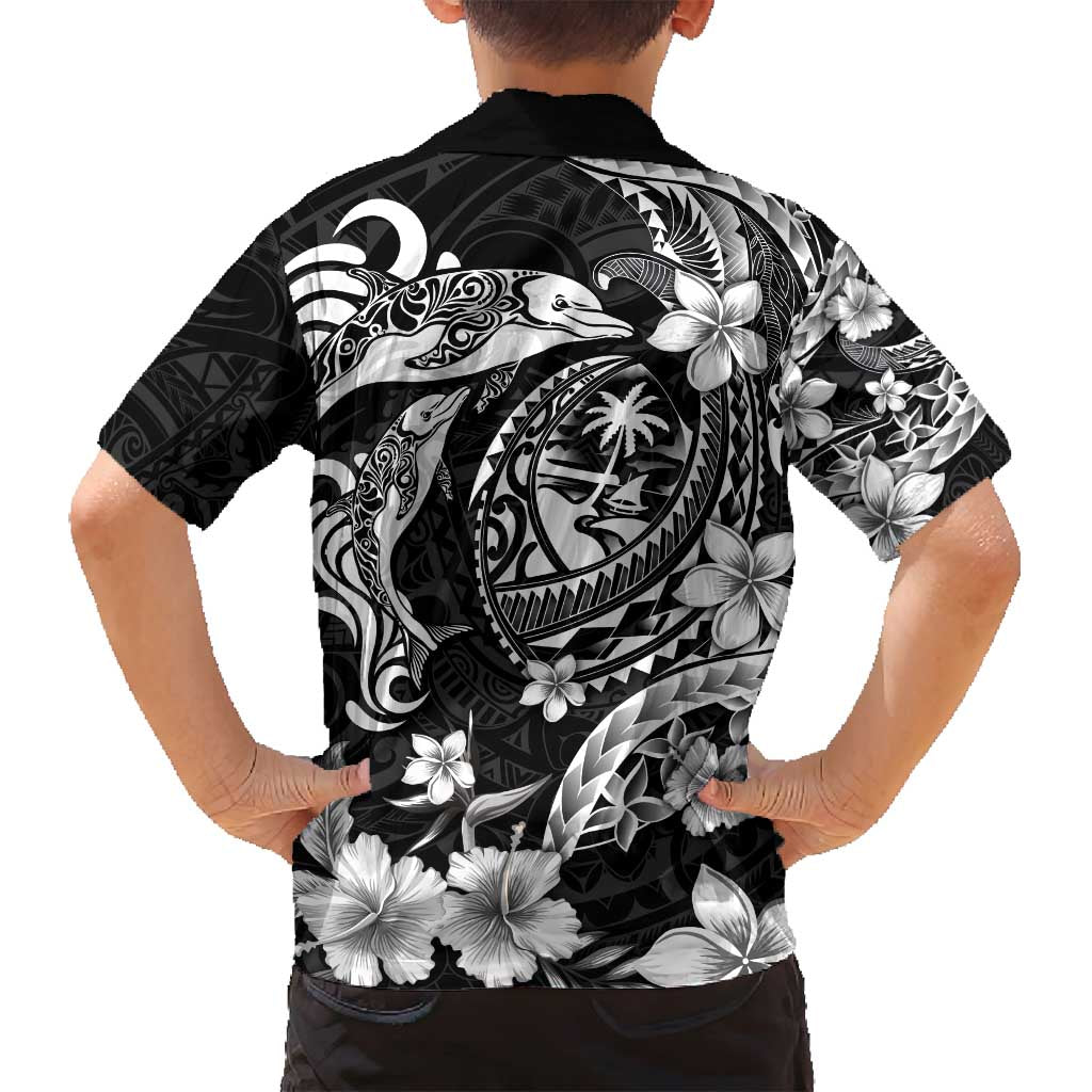 Guam Dolphins Tribal Tattoo Family Matching Summer Maxi Dress and Hawaiian Shirt Polynesian Art and Tropical Flower Grayscale