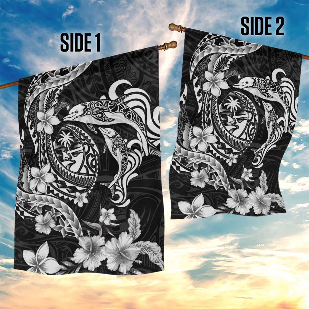 Guam Dolphins Tribal Tattoo Garden Flag Polynesian Art and Tropical Flower Grayscale