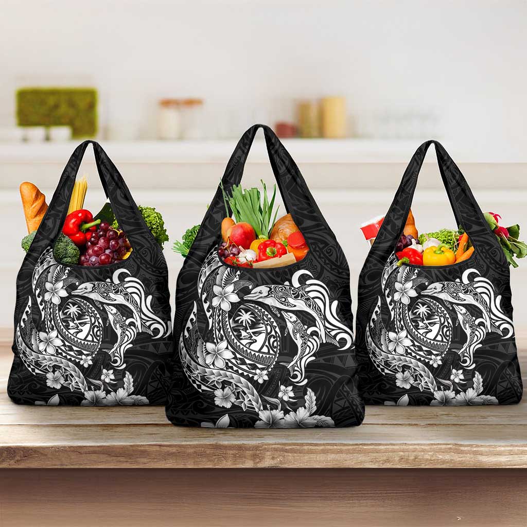 Guam Dolphins Tribal Tattoo Grocery Bag Polynesian Art and Tropical Flower Grayscale