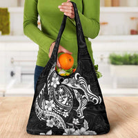 Guam Dolphins Tribal Tattoo Grocery Bag Polynesian Art and Tropical Flower Grayscale