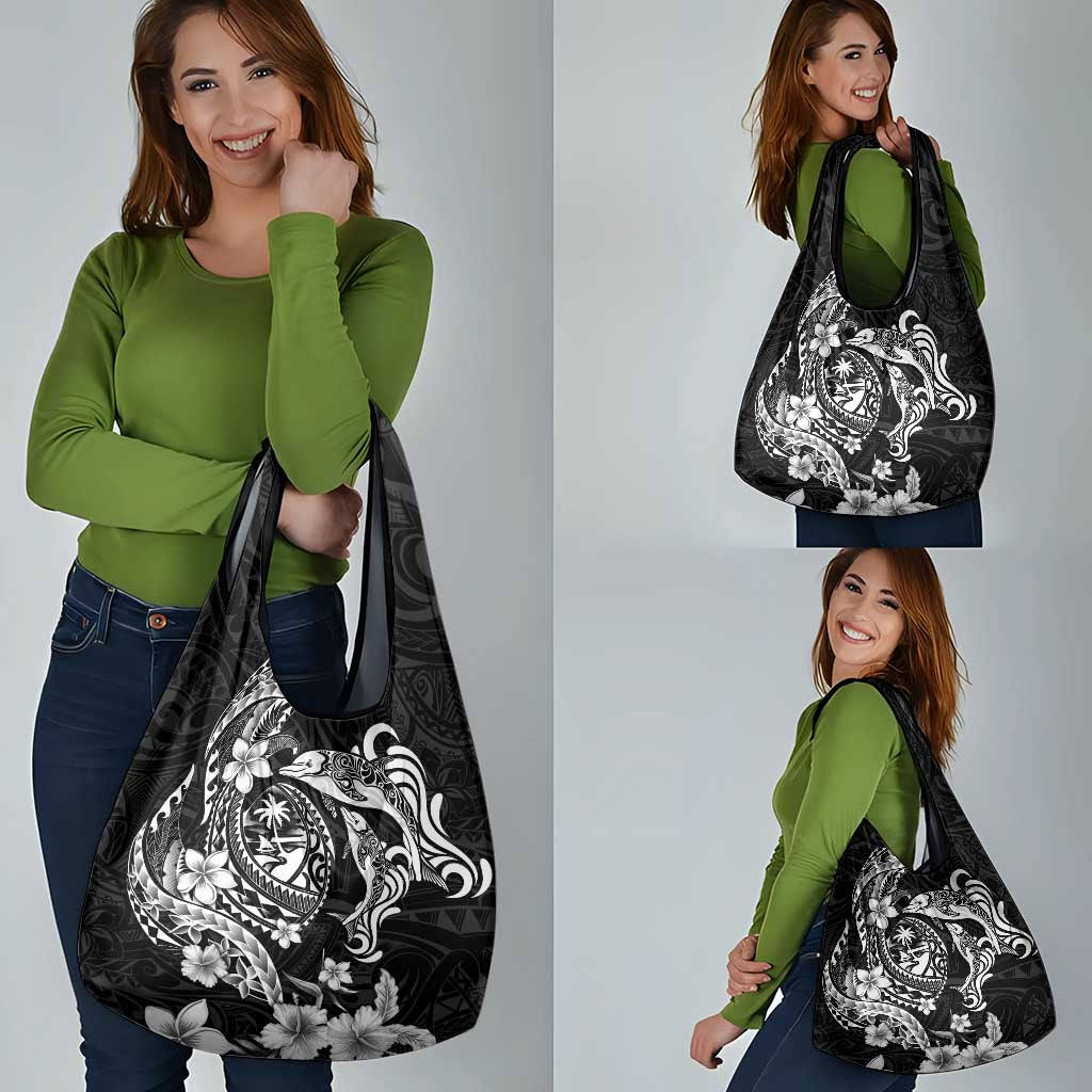 Guam Dolphins Tribal Tattoo Grocery Bag Polynesian Art and Tropical Flower Grayscale