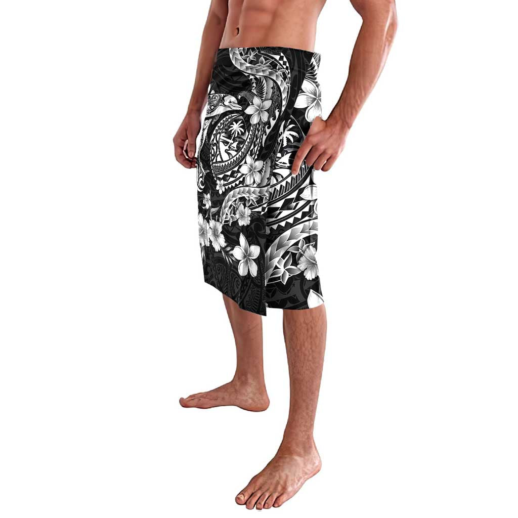 Guam Dolphins Tribal Tattoo Lavalava Polynesian Art and Tropical Flower Grayscale