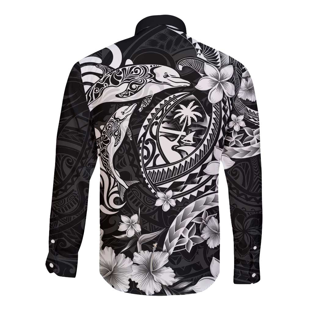 Guam Dolphins Tribal Tattoo Long Sleeve Button Shirt Polynesian Art and Tropical Flower Grayscale