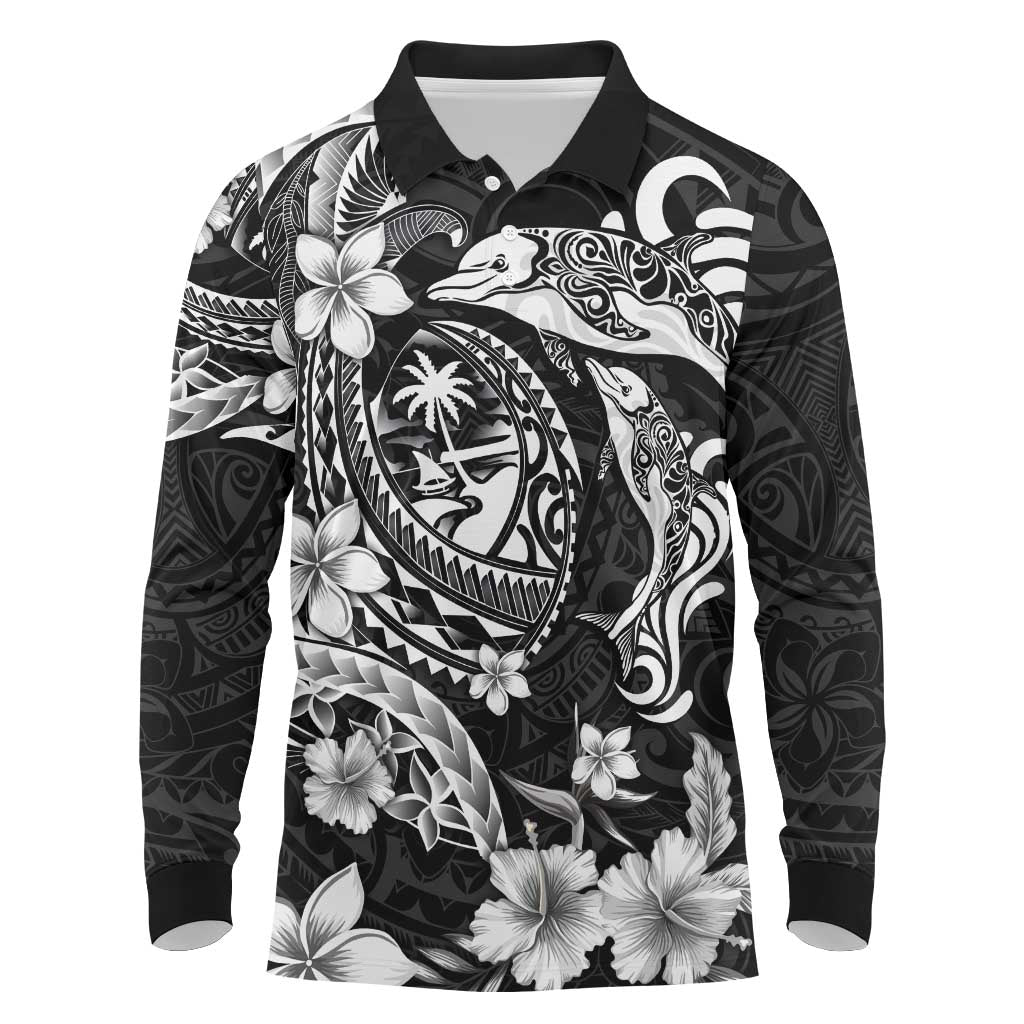 Guam Dolphins Tribal Tattoo Long Sleeve Polo Shirt Polynesian Art and Tropical Flower Grayscale