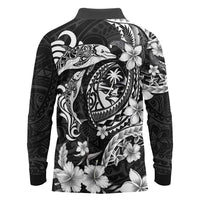 Guam Dolphins Tribal Tattoo Long Sleeve Polo Shirt Polynesian Art and Tropical Flower Grayscale