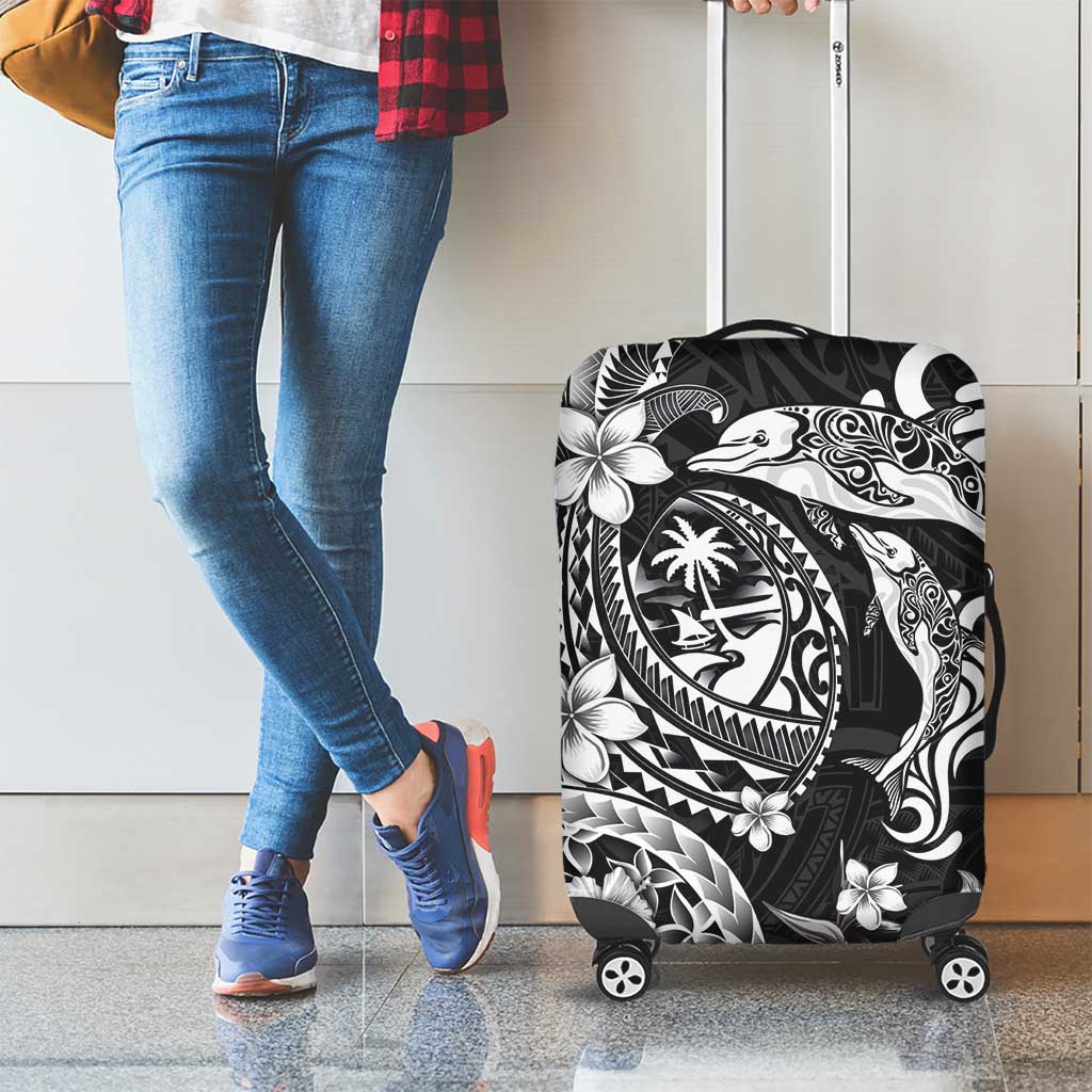 Guam Dolphins Tribal Tattoo Luggage Cover Polynesian Art and Tropical Flower Grayscale