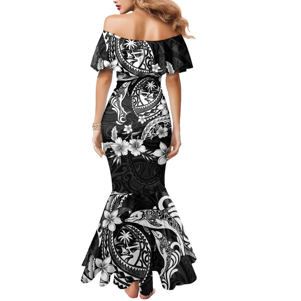 Guam Dolphins Tribal Tattoo Mermaid Dress Polynesian Art and Tropical Flower Grayscale