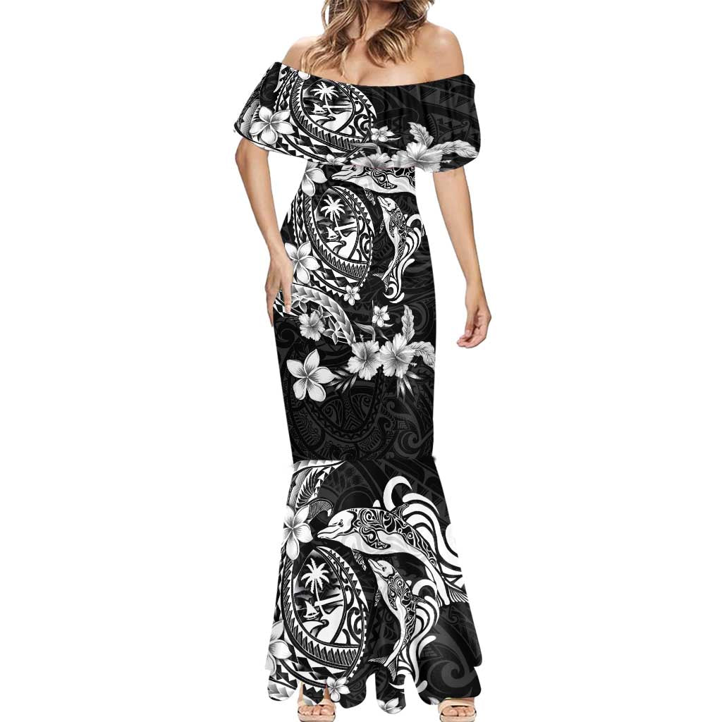 Guam Dolphins Tribal Tattoo Mermaid Dress Polynesian Art and Tropical Flower Grayscale