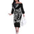 Guam Dolphins Tribal Tattoo Off The Shoulder Long Sleeve Dress Polynesian Art and Tropical Flower Grayscale