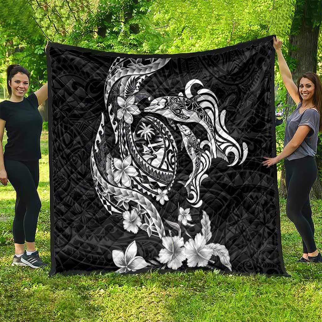 Guam Dolphins Tribal Tattoo Quilt Polynesian Art and Tropical Flower Grayscale