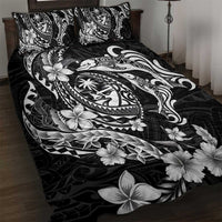 Guam Dolphins Tribal Tattoo Quilt Bed Set Polynesian Art and Tropical Flower Grayscale