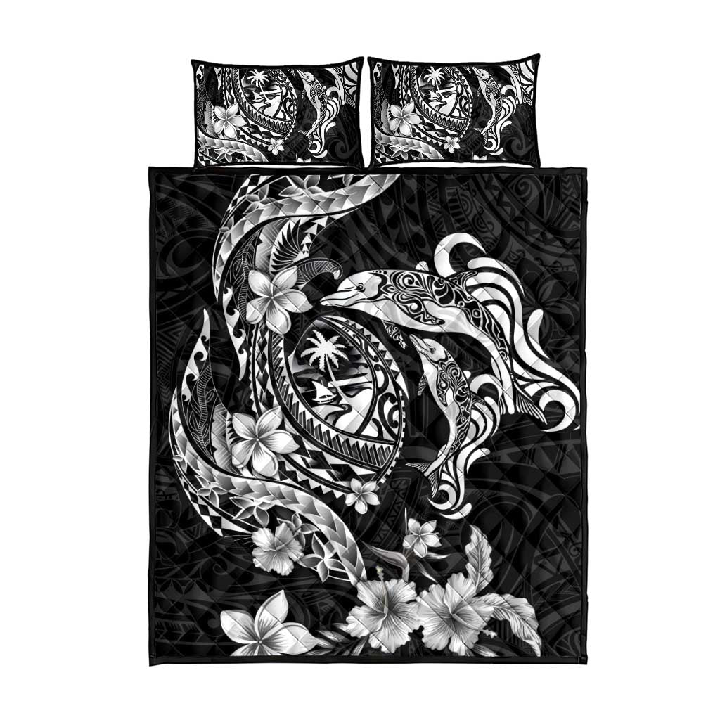 Guam Dolphins Tribal Tattoo Quilt Bed Set Polynesian Art and Tropical Flower Grayscale