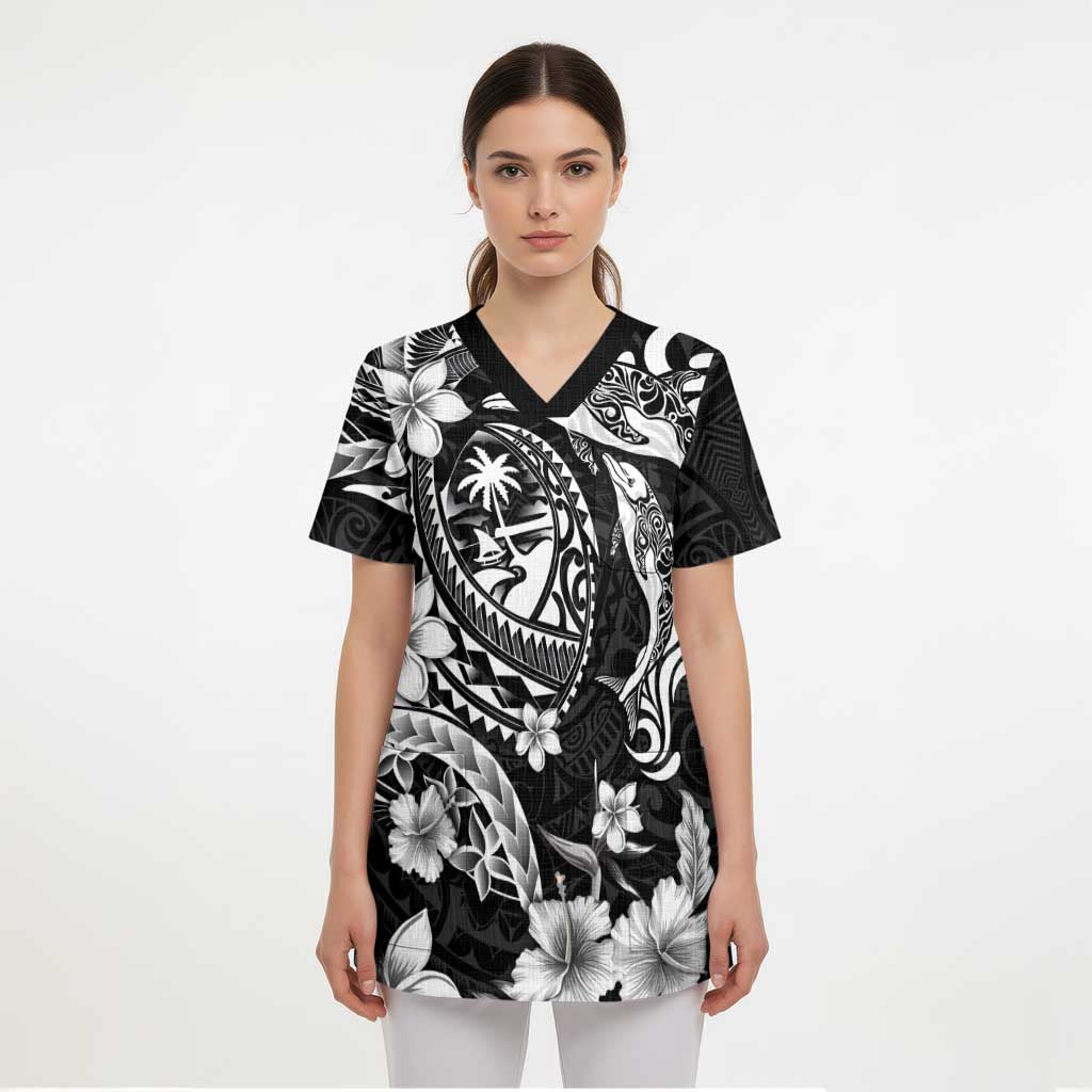 Guam Dolphins Tribal Tattoo Scrub Top Polynesian Art and Tropical Flower Grayscale - Polynesian Pride