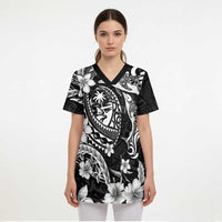 Guam Dolphins Tribal Tattoo Scrub Top Polynesian Art and Tropical Flower Grayscale - Polynesian Pride