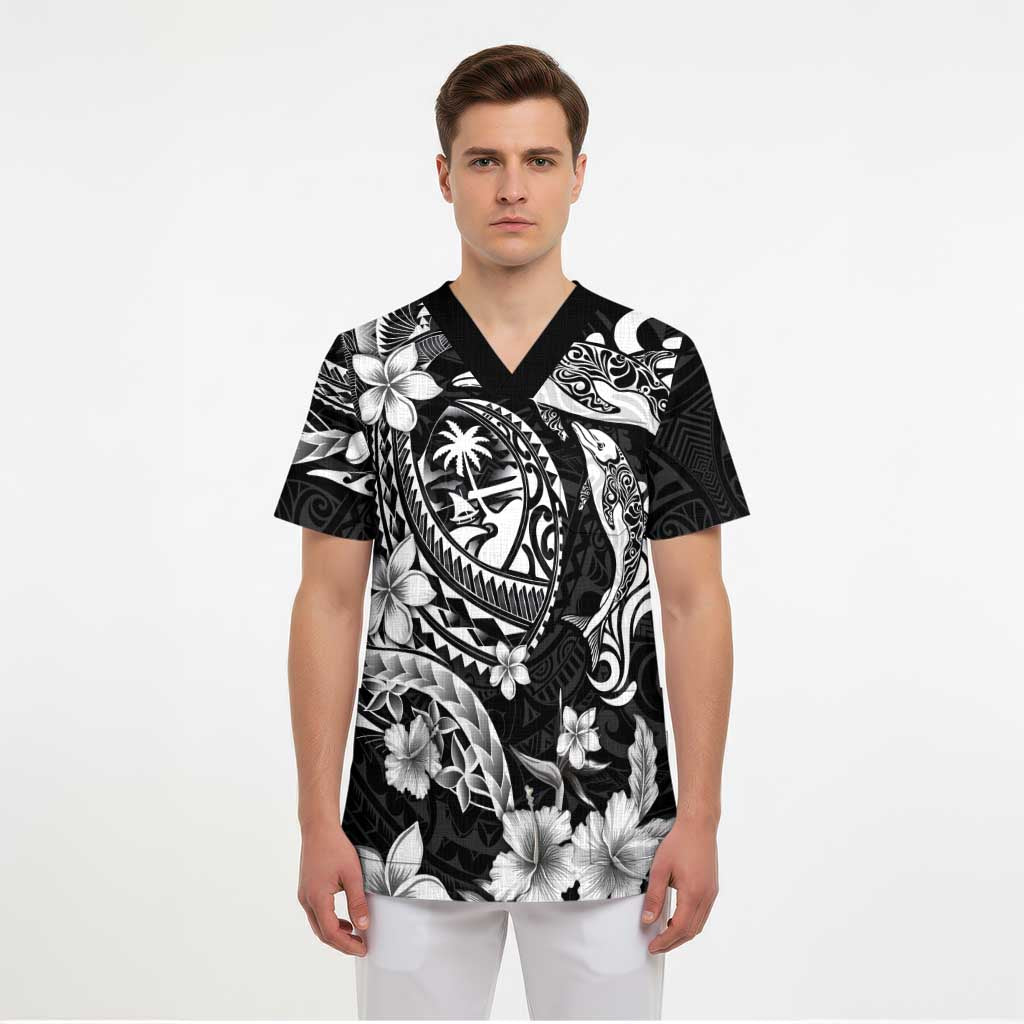 Guam Dolphins Tribal Tattoo Scrub Top Polynesian Art and Tropical Flower Grayscale - Polynesian Pride