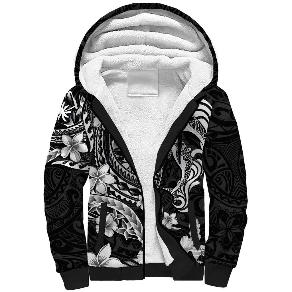 Guam Dolphins Tribal Tattoo Sherpa Hoodie Polynesian Art and Tropical Flower Grayscale