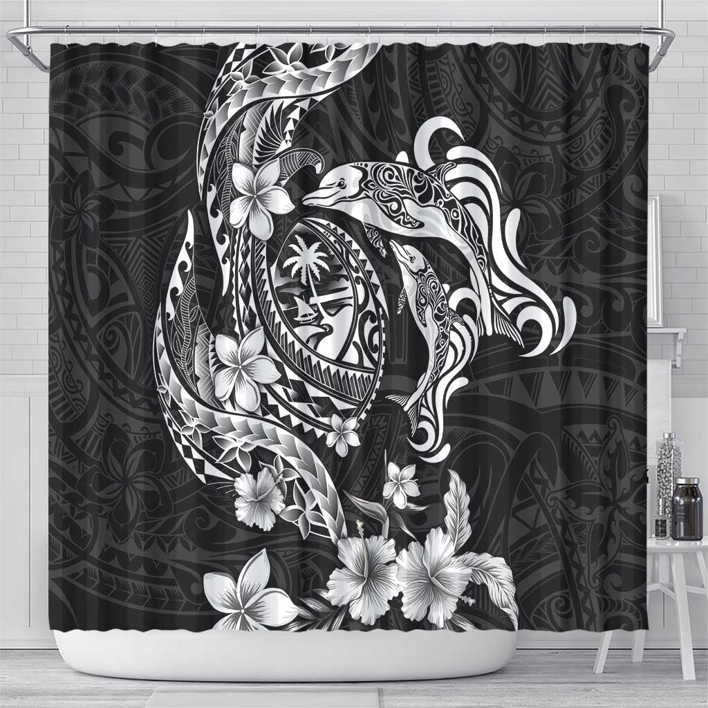 Guam Dolphins Tribal Tattoo Shower Curtain Polynesian Art and Tropical Flower Grayscale