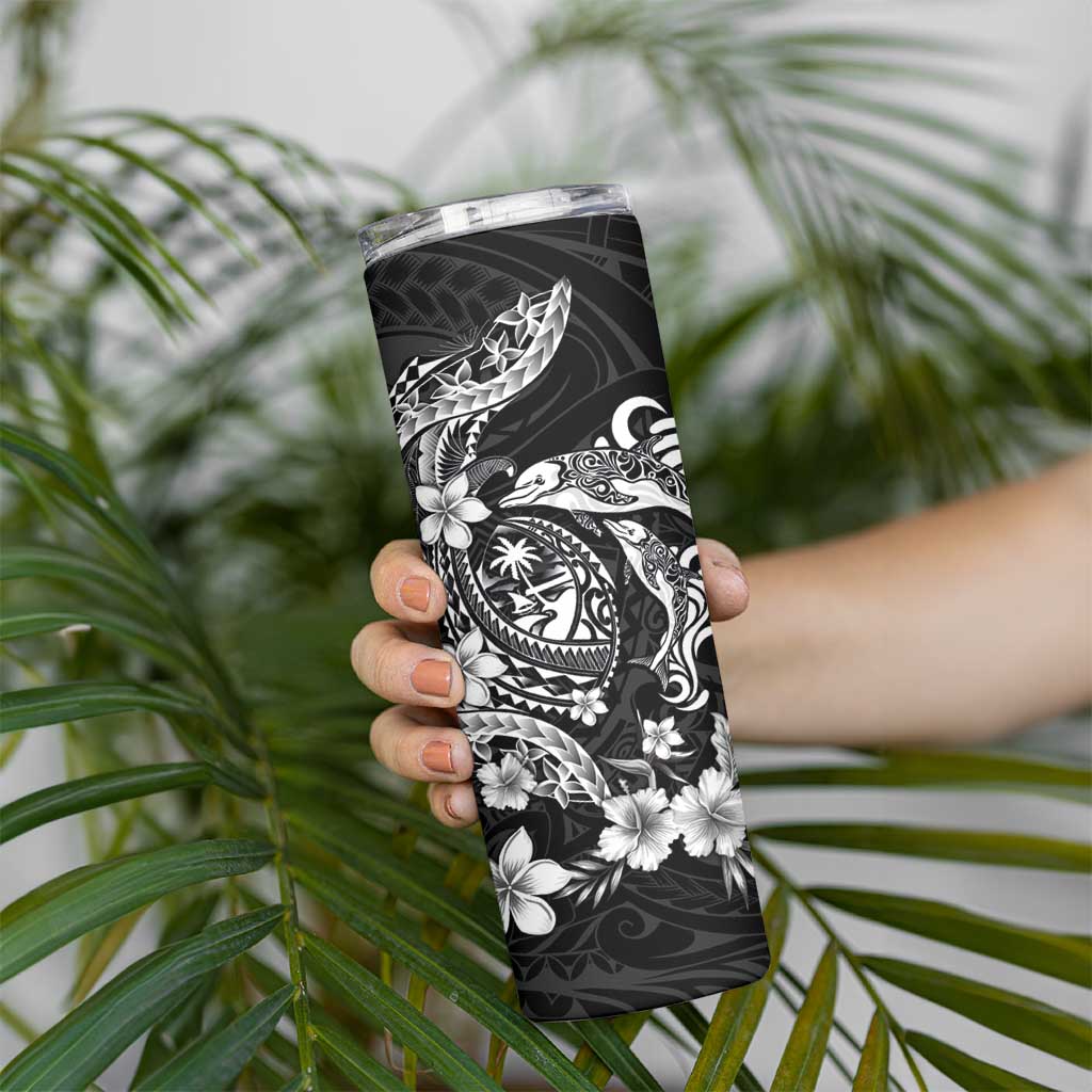 Guam Dolphins Tribal Tattoo Skinny Tumbler Polynesian Art and Tropical Flower Grayscale