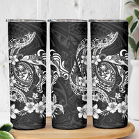 Guam Dolphins Tribal Tattoo Skinny Tumbler Polynesian Art and Tropical Flower Grayscale