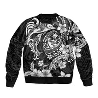 Guam Dolphins Tribal Tattoo Sleeve Zip Bomber Jacket Polynesian Art and Tropical Flower Grayscale