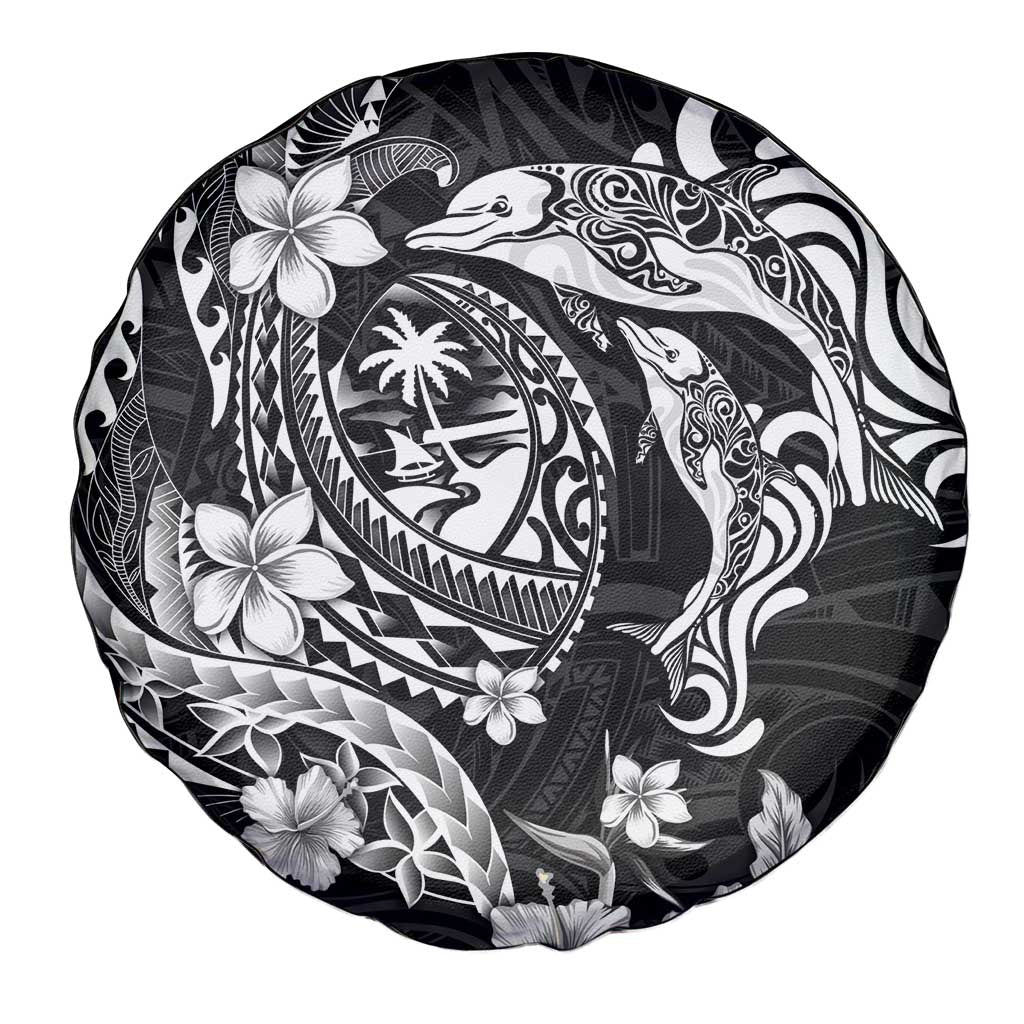 Guam Dolphins Tribal Tattoo Spare Tire Cover Polynesian Art and Tropical Flower Grayscale
