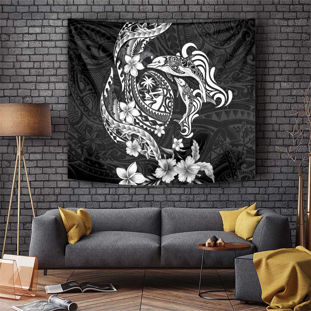 Guam Dolphins Tribal Tattoo Tapestry Polynesian Art and Tropical Flower Grayscale
