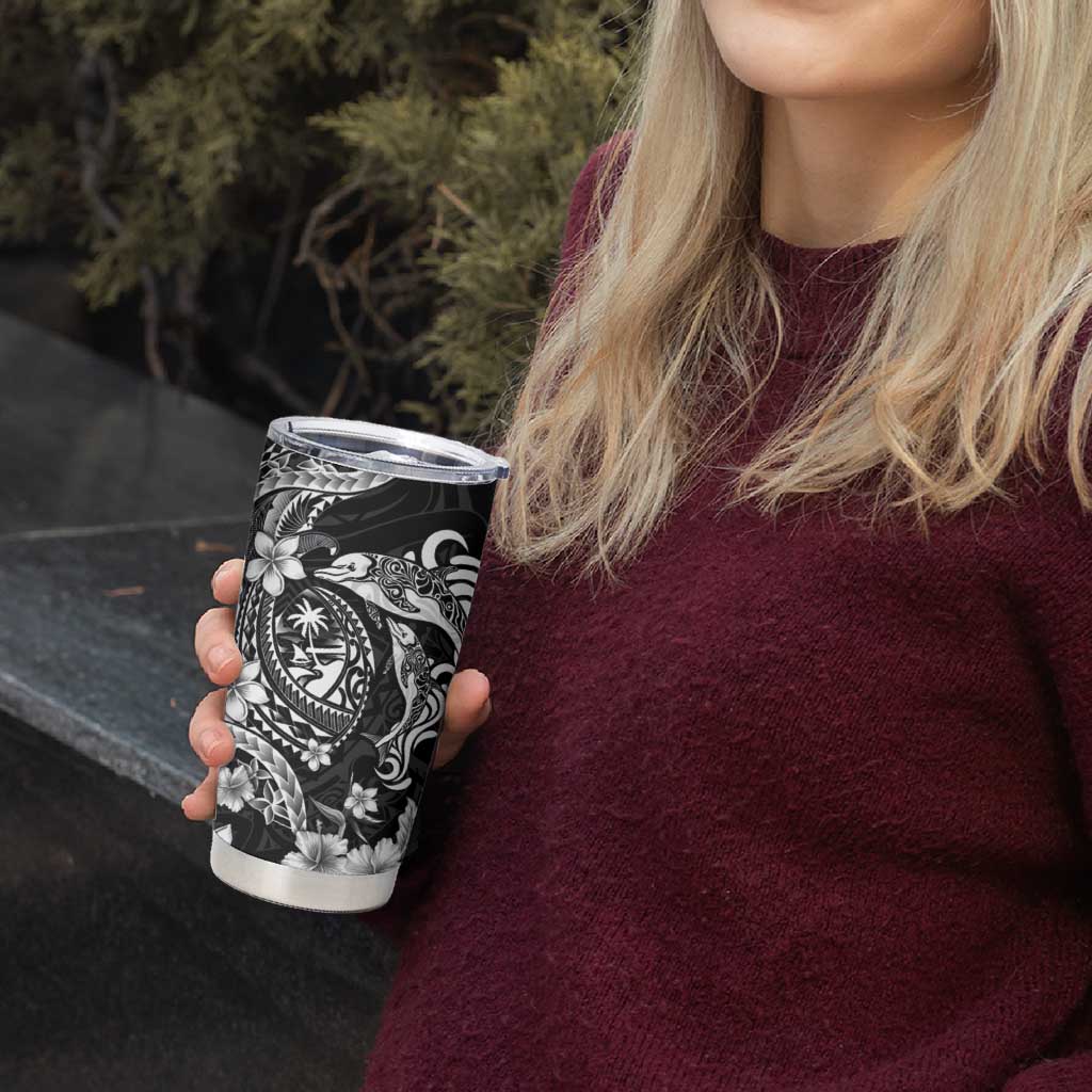 Guam Dolphins Tribal Tattoo Tumbler Cup Polynesian Art and Tropical Flower Grayscale