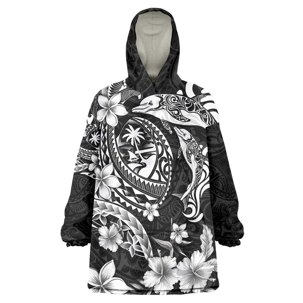 Guam Dolphins Tribal Tattoo Wearable Blanket Hoodie Polynesian Art and Tropical Flower Grayscale